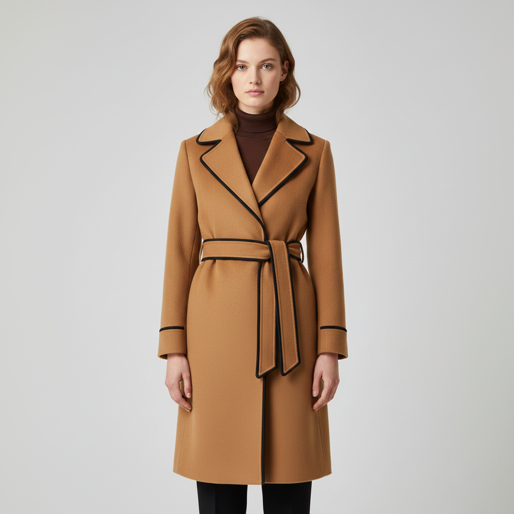 Women's Elegant Camel Trench Style Wool Coat